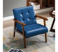 HomeMiYN Sillón Retro de Madera Maciza para Salón - Tapizado con Reposabrazos, Marco Medieval - Diseño de Piel Sintética y Roble para Dormitorio, Café, Balcón(Azul)