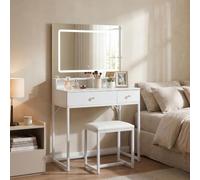 HomeMiYN - Tocador con espejo LED, con taburete, iluminación de 3 colores, 2 cajones, sin cuerpo de muebles para dormitorio y vestidor, estilo moderno, color blanco