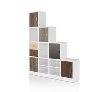 HOMES: Inside + Out Catrina - Estantería moderna de almacenamiento de 10 cubos con cajón, estantes de exhibición de escalera esquinera en forma de L, estante organizador de 4 niveles para sala de