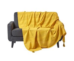 HOMESCAPES Funda de sofá/Manta, Hecho a Mano 100% de algodón Estilo de cordoncillo Color Amarillo 177 x 254 cm