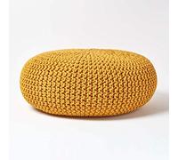 HOMESCAPES Puff Taburete Circular Tejido de algodón, Decorativo - Relleno de Bolas de poliestireno, Color Amarillo Mostaza 70 x 23 cm