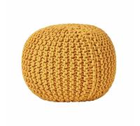 HOMESCAPES Puff Taburete Redondo Tejido de algodón, Decorativo - Relleno de Bolas de poliestireno, Color Amarillo Mostaza 35 x 40 cm