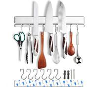 HomeSimplex Soporte magnético para cuchillos de pared de 12 pulgadas con 6 ganchos, sin taladro, barra magnética doble, tira magnética fuerte, colgador de utensilios de cocina, estante magnético de