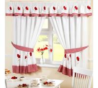 Homespace Direct Cortinas Plisadas para Cocina con diseño de Amapolas y alzapaños con Cuadros Rojos y Blancos, Tela, Rojo, 46 x 48-Inch
