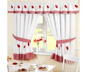Homespace Direct Cortinas Plisadas para Cocina con diseño de Amapolas y alzapaños con Cuadros Rojos y Blancos, Tela, Rojo, 46 x 48-Inch