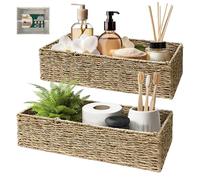 HOMESTEAD Cestas de almacenamiento de hierba marina, cestas de mimbre rectangulares largas y estrechas para dormitorio, sala de estar, baño, estantes, juego de 2