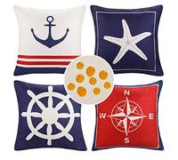 HomeStilez 4 Pack Fundas de Cojines Vela Náutica Ancla Navegación Velero Decorativas Fundas de Almohada Cuadradas de Lino Impermeables para Sofá Patio Decoración Interior al Aire Libre, 45 cm x 45 cm