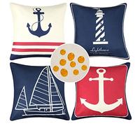 HomeStilez Funda Cojin 50x50 cm Náutico Azul Marino Ancla Faro Velero Fundas Cojines Exterior Impermeables Lino Fundas de Almohada para Cojines Decorativos para Sofá Cama Coche Hogar Juego de 4