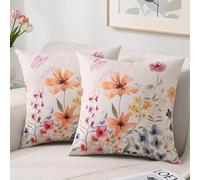 HomeStilez Funda de Cojín 40 x 40 cm Impermeable Lino Exterior Funda de Almohada Decorativa Flores Planta Cuadrado Juego de 2 Fundas de Cojines de Primavera para Jardín Sofá Sala de Estar