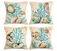 HomeStilez Funda de Lino y Algodón para Cojín con Tema Oceánico Retro y Estampado Animal, 4 Pack, 45x45 cm, Funda de Almohada Suave Beige, Decoración para el Hogar