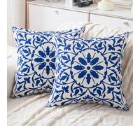 HomeStilez Fundas de Cojines 45x45 cm Azul Flores Geométricas Modernas en Lino Boho Étnico Fundas de Almohada Decorativas para Sofá Funda de Cojín Cuadrada para Sofá Hogar Cama Sala de Estar 2 Piezas