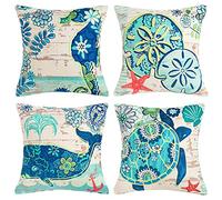 HomeStilez Fundas de Cojines 45x45cm 4 Pack Fundas Cojines Decorativos Moderno Suave Tortuga Marina Caballito de Mar Ballena Medusa Estrella de Mar Decoración Funda de Almohada Sofá Decoración，Azul