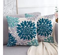 HomeStilez Juego de 2 Funda Cojin 50 x 50 Decorativas Juego de 2 Fundas de Cojines Verde Azulado y Gris Modernas Funda de Almohada de Lino con Flores para Sala de Estar Sofá Café Jardín al Aire Libre