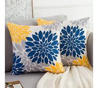 HomeStilez Juego de 2 Funda Cojin 50x50 cm Funda Cojines Exterior Modernas Lino Amarillo y Azul Marino Gris Funda de Almohada Decorativo para Salón Jardín Salón Cama Silla Habitacion Oficina