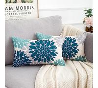 HomeStilez Juego de 2 Funda de Cojín de Lino 30 x 50 Rectangular Decorativas Verde Azulado y Gris Modernas Funda de Almohada de Lino con Flores para Sala de Estar Sofá Café Jardín al Aire Libre