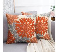 HomeStilez Juego de 2 Fundas de Almohada de Lino 40x40 cm Dahlia Geométrica Naranja y Gris Funda de Cojín para Sofá Boho con Cremallera Invisible para Sofá Banco Exterior Cama Salón Navidad