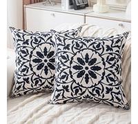HomeStilez Juego de 2 Fundas de Cojines de Lino Negro 50x50 cm Fundas de Almohada Decorativas Funda de Cojín con Floral Geométrico Étnico Bohemio con Cremallera Invisible para Sofá Sala de Estar Cama