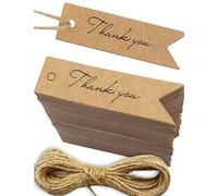 HOMETOOLS.EU® 100 etiquetas de papel de estraza, cartón natural, etiquetas de papel para regalo de 7 x 2 cm, con cuerda de yute de 10 m, con texto «Thank you» para agradecimiento, marrón natural