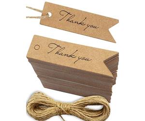 HOMETOOLS.EU® 100 etiquetas de papel de estraza, cartón natural, etiquetas de papel para regalo de 7 x 2 cm, con cuerda de yute de 10 m, con texto «Thank you» para agradecimiento, marrón natural