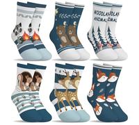 hometrixx 6 Pares Calcetines para Niños Niño Animales del Bosque Azul Zorro Ciervo Ardilla Erizo Mapache Calcetines de Algodón Dibujos Animados de 8-11 años
