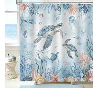 hometrixx Océano Cortina de Ducha 180x200 cm Tortuga Marina Coral Alga Marina Medusa Caballito de Mar Impermeable Poliéster Azul Cortina Bañera con 12 Ganchos Lavable a Máquina para Baño Bañera