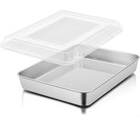HomeVortex Bandeja para asar de acero inoxidable de 26 x 26 cm con red de | Diseño rectangular, 26 x 26 x 7 cm, incluye tapa ajustada, acero inoxidable, apto para horno hasta altas temperaturas