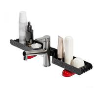 HomeVortex Estante de grifo para fregadero de baño, estante de almacenamiento ABS sin taladros con ranura ancha en forma de U, diseño de rejilla ventilada para colocación en esquina u horizontal