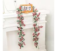 HomeVortex Guirnalda de acebo artificial plantas de Navidad que se arrastran vid, hojas verdes decorativas, bayas rojas, decoración colgante para el hogar, jardín, fiesta, boda, 175 cm (Nº 73)