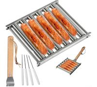 HomeVortex Juego de parrilla de acero inoxidable para perros calientes, 16 x 16 x 3 cm, con mango de madera para cocinar uniformemente, apto para lavavajillas, pinchos de barbacoa para acampar al aire