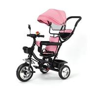 Homewell Triciclo infantil 3 en 1 con sistema de dirección de barra de empuje, triciclo a partir de 1 año, asiento giratorio, capota plegable con protección solar, cesta en juego (rosa)