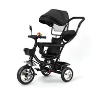 Homewell Triciclo infantil 3 en 1 con sistema de dirección de barra de empuje, triciclo a partir de 1 año, asiento giratorio, capota plegable con protección solar, juego de cesta (negro)
