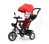 Homewell Triciclo infantil 3 en 1 con sistema de dirección de barra de empuje, triciclo a partir de 1 año, asiento giratorio, capota plegable con protección solar, juego de cesta (rojo)