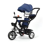 Homewell Triciclo infantil 3 en 1 con sistema de dirección de barra de empuje, triciclo a partir de 1 año, asiento giratorio, capota plegable con protección solar, juego de cesta (azul oscuro)