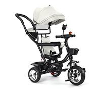 Homewell Triciclo infantil 3 en 1 con sistema de dirección de barra de empuje, triciclo a partir de 1 año, asiento giratorio, capota plegable con protección solar, cesta en juego (gris claro)