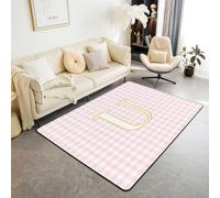 Homewish Alfombra a cuadros rosa y blanca de 100 x 150 cm, con letra inicial U, alfombra geométrica de búfalo a cuadros que no se desprende, alfombra grande personalizada del alfabeto a cuadros