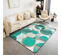 Homewish Alfombra abstracta verde azulado y dorada de 150 x 200 cm, diseño geométrico abstracto de círculo, para sala de estar, rústico, verde turquesa, no se desprende, minimalista, elegante, grande