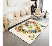 Homewish Alfombra bohemia de flores de 150 x 200 cm, diseño de mariposas y colibríes, para sala de estar, alfombra bohemia que no se desprende, romántica corona de corazón, primavera, alfombras