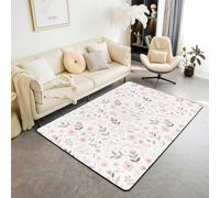 Homewish Alfombra bohemia rosa floral de 150 x 200 cm, diseño de hojas de acuarela, alfombra moderna para suelo, alfombra grande con flores rosadas y blancas, alfombra botánica de flores silvestres