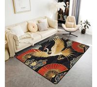 Homewish Alfombra de área con grulla blanca y pájaro de 150 x 200 cm, alfombra de sala de estar con diseño de grulla coronada roja, alfombra de sala de estar con rayas de nube japonesa, alfombra
