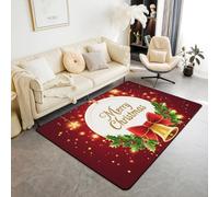 Homewish Alfombra de área de Feliz Navidad, 100 x 150 cm, decoración de Navidad, hojas de acebo y bayas rojas, alfombra para sala de estar, para mujeres, adultos y niños, con lazo rojo de campana