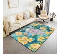 Homewish Alfombra de área de medusas moradas de 100 x 150 cm, alfombra pastoral floral amarilla para sala de estar, alfombra de mármol verde océano dorado que no se desprende, alfombra grande con