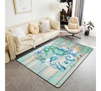 Homewish Alfombra de caballito de mar de dibujos animados, diseño de peces y estrellas de mar, alfombra de interior de coral, alfombra decorativa de madera retro, no se desprende, verde, rectangular