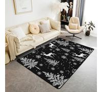 Homewish Alfombra de Navidad con diseño de ciervo de 100 x 150 cm para dormitorio, color blanco y negro, alfombra de Navidad para sala de estar, bonito reno del bosque, alfombra grande que no se