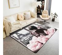 Homewish Alfombra de pelo negro de 100 x 150 cm para dormitorio, diseño de la Torre Eiffel de París, para sala de estar, corona de diamantes con purpurina, no se desprende, alfombra rosa para bañera