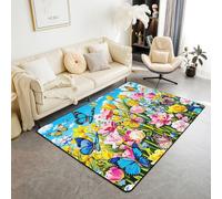 Homewish Alfombra de primavera de 100 x 150 cm para dormitorio, alfombra bohemia floral de mariposas, sala de estar, jardín, bohemio, flores silvestres, mariposas, alfombra que no se desprende