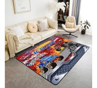 Homewish Alfombra decorativa con diseño de camión de dibujos animados, 100 x 150 cm, para sala de estar, color blanco y negro, a cuadros, color rojo, pistas de neumáticos de carreras, pintura al óleo