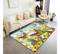 Homewish Alfombra floral de primavera de 150 x 200 cm - Acuarela con flores de mariposa y flores para sala de estar, alfombra rural pastoral bohemia que no se desprende, alfombra bohemia con