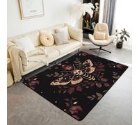 Homewish Alfombra negra con diseño de polilla de la muerte de 150 x 200 cm para dormitorio, diseño de calavera con plantas, para sala de estar, patrón botánico, no se desprende, alfombra de arte