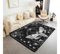Homewish Alfombra negra y blanca de 100 x 150 cm para dormitorio, diseño de calavera de la muerte, flores, polillas, sala de estar, círculos geométricos, no se desprende, alfombra bohemia estética