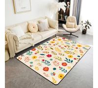 Homewish Alfombras bohemias de 100 x 150 cm, vintage, bohemio, floral, para sala de estar, bonita alfombra de flores silvestres color crema que no se desprende, alfombra grande de primavera